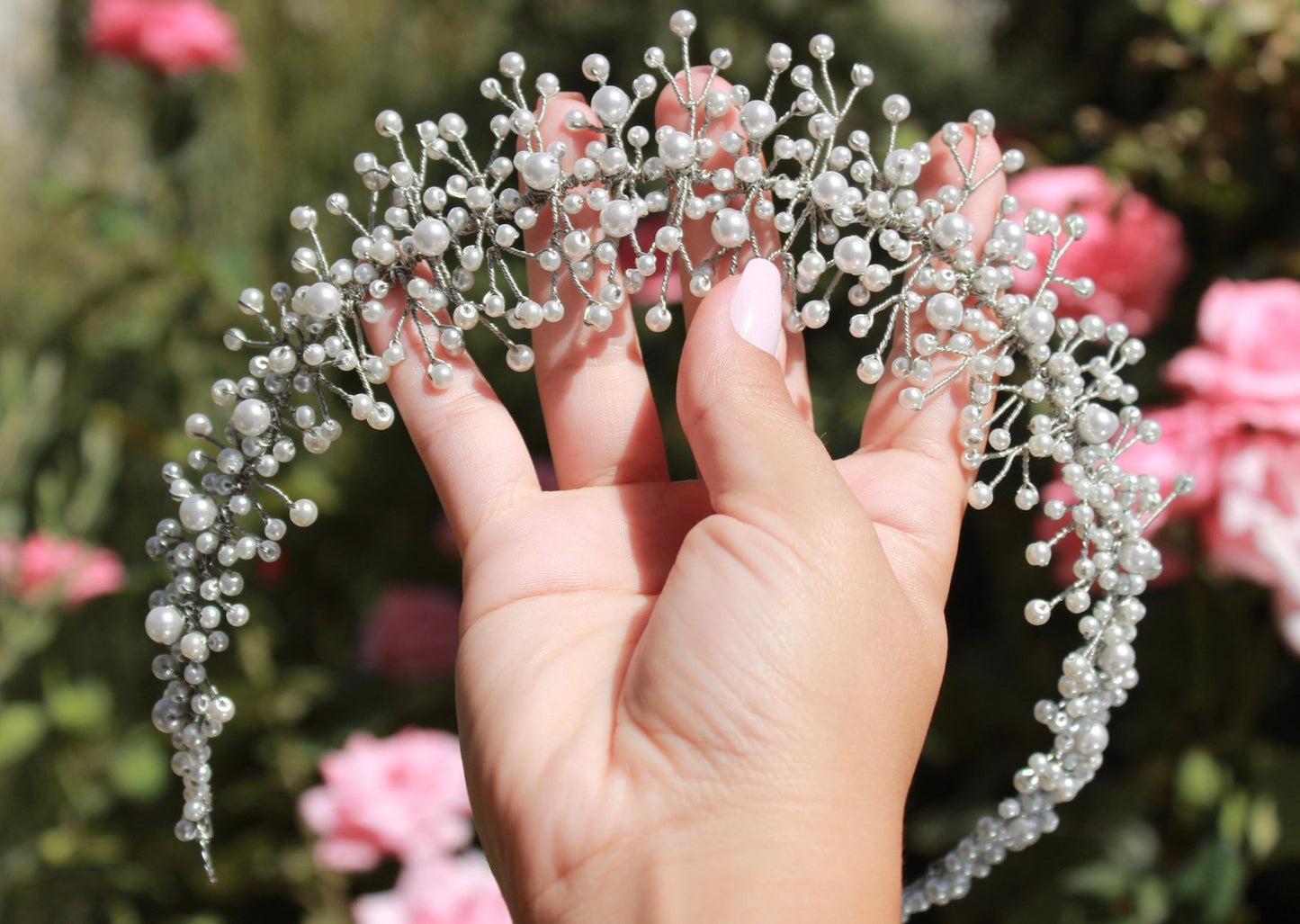 Close-up of the Hailey headband, a pearl-only design.
