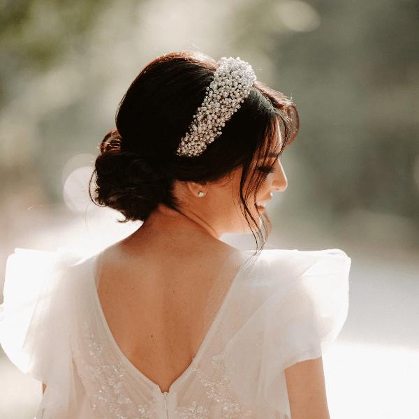 Halo wedding headpiece on a model